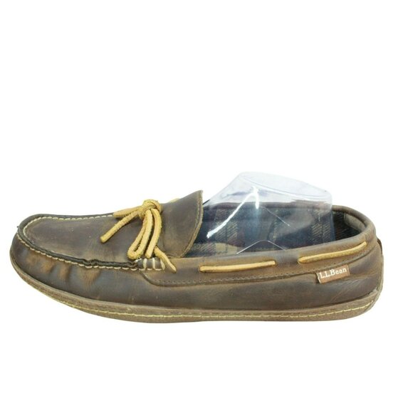LL Bean Brown Leather Slip On Flannel Lined Handsewn Slippers Size 11 M - Picture 1 of 10